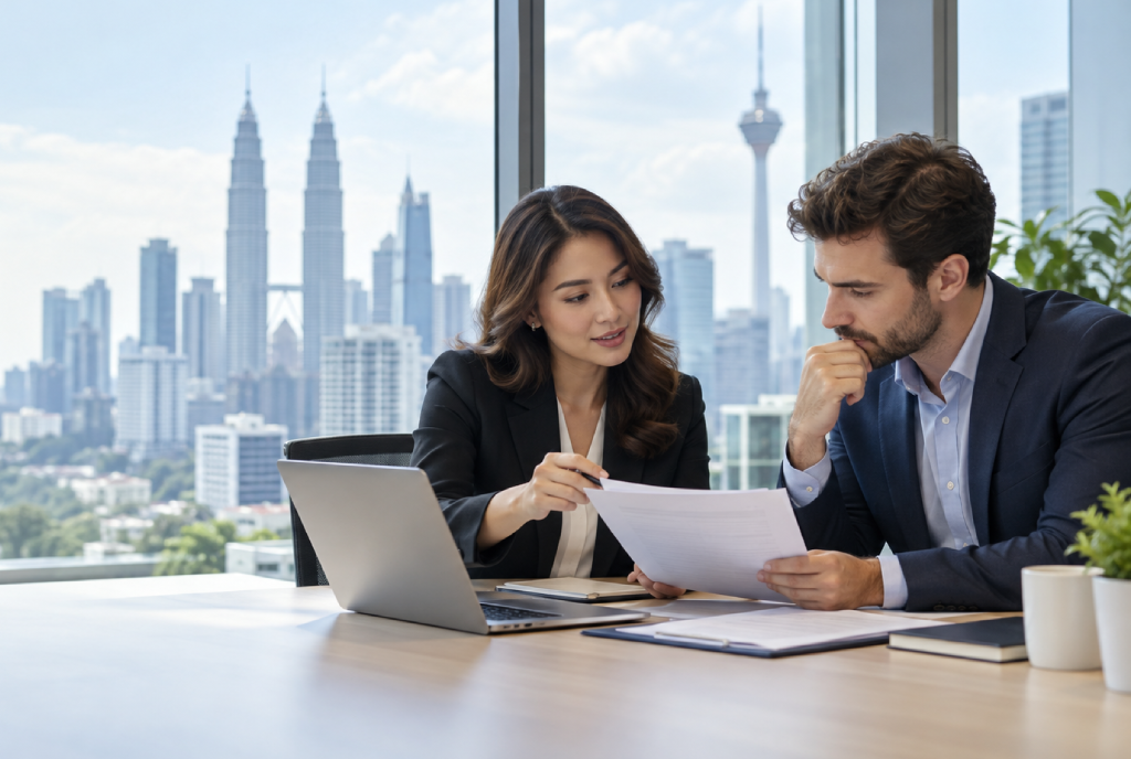 Advisor reviewing business licensing documents with a client in Malaysia
