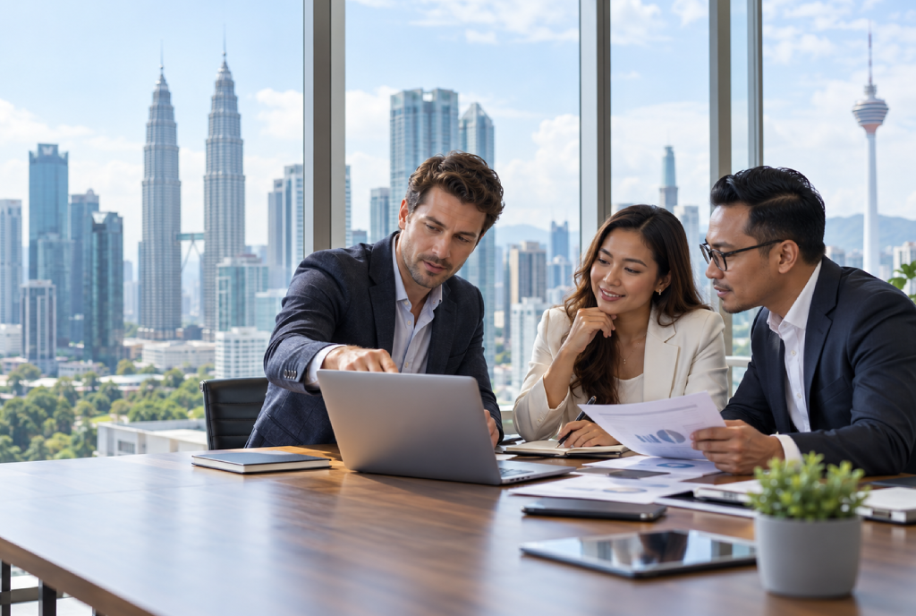 Business advisors discussing a Malaysia market entry plan in a Kuala Lumpur office