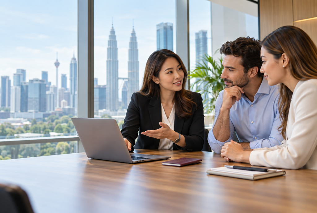 Immigration advisor discussing relocation plans with clients in Kuala Lumpur